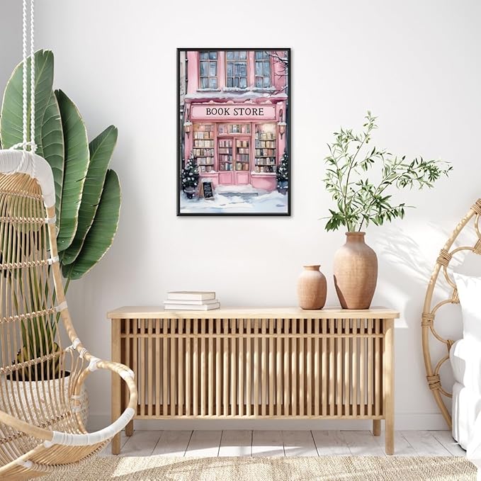 Winter Bookshop Snowy Art Aesthetic Poster Canvas Wall Art Decoration Living Room Home Decor Bedroom Decoration Poster black framed20x30inch