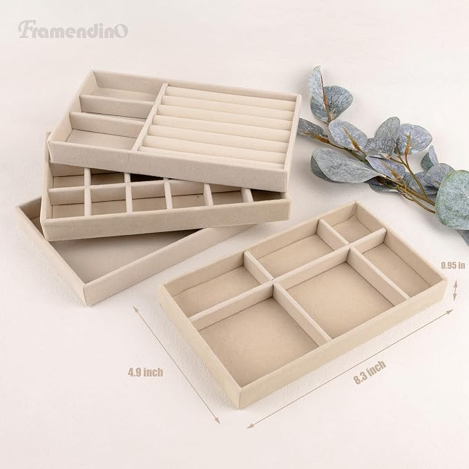 Framendino, 4 Pack Beige Velvet Jewelry Trays Stackable Organizer Drawer Inserts Container Display Case for Earrings Bracelets Necklace