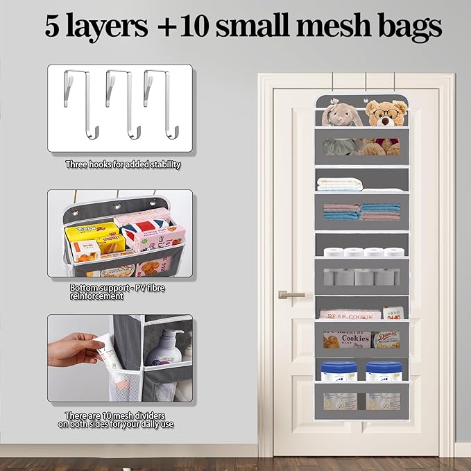 KYEVIS Over The Door Organizer, 5 Shelves Closet Door Hanging Organizer with 10 Mesh Pockets, Nursery Closet Organizer, Baby Essentials, Dorm Room Essentials for Girls
