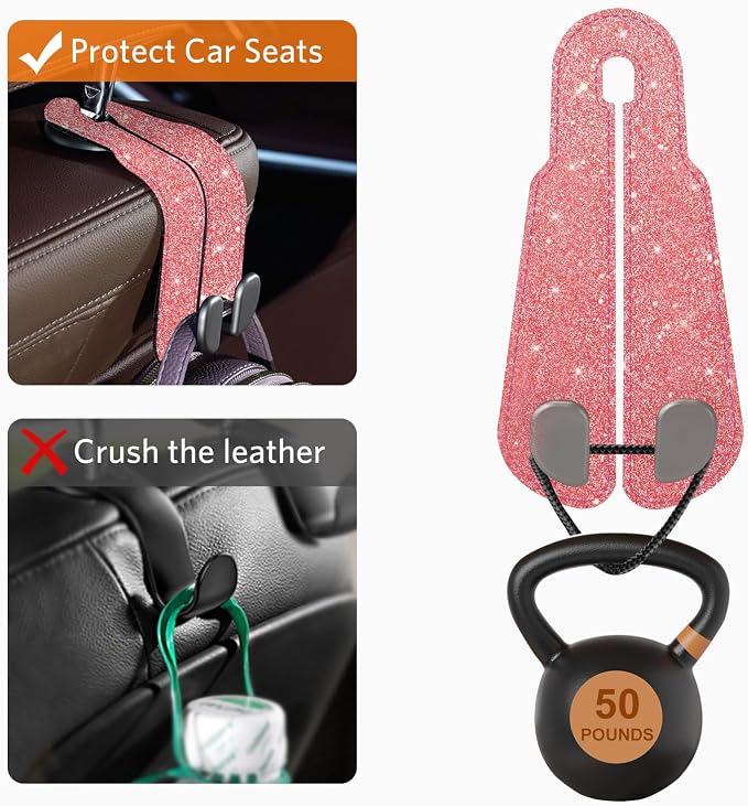 CoBak Purse Hook for Car - Universal Premium Stitched Leather and Aluminum-Magnesium Alloy Double Car Seat Back Storage Hook for Purses, Handbags, Bags (2 Pack),Fuchsia Glitter