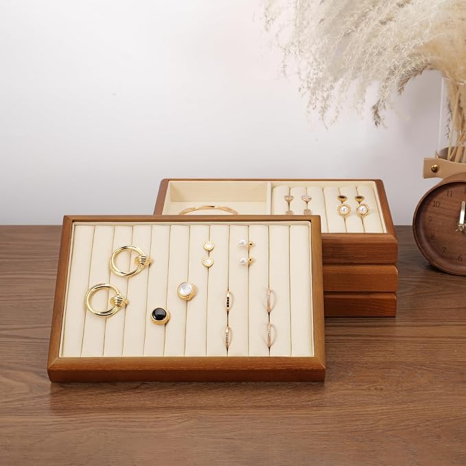 Oirlv Solid Wood Multifunctional Ring Earrings Studs Bangle Jewelry Organizer Tray Jewelry Drawer Organizer(Creamy White)
