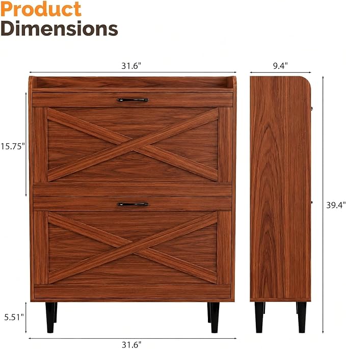 VINGLI Shoe Storage Cabinet for Entryway with 2 Flip Drawers, Ultra Slim Freestanding Entryway Shoe Organizer with Wood Tapered Legs,Hidden Closed Shoe Rack,31.6" W * 9.4" D * 39.4" H, Walnut
