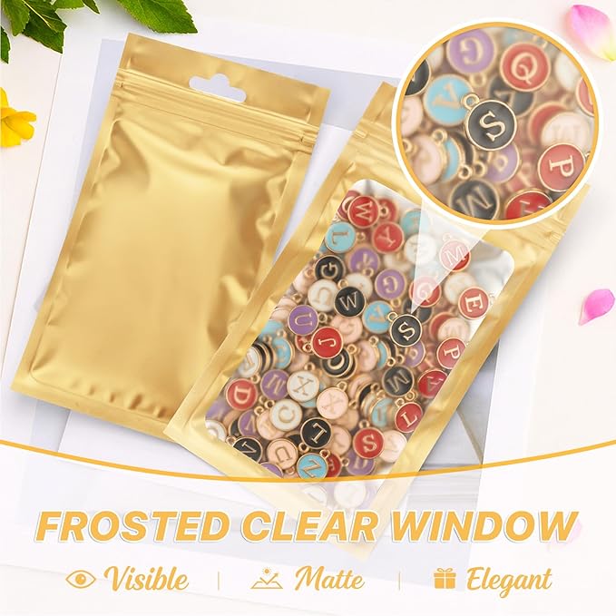 ANZNKU 100 PCS Resealable Mylar Bags with Frosted Clear Window Packaging Bags Foil Pouch Zipper Bag for Food Self Sealing Storage Supplies (2.75×3.93, Light Gold)