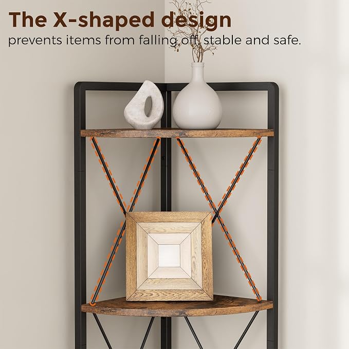 6 Tier Corner Shelf Stand, 78" H Tall Corner Bookshelf, Rustic Brown | Industrial Metal Corner Shelf for Living Room Decor, Plant Stand Display Shelf for Bedroom, Bathroom, Small Spaces