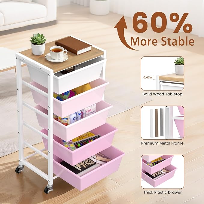 Rolling Cart with 5 Drawers, Plastic Drawer Storage Carts with Wheels & Wooden Tabletop, Metal Utility Cart for Office Bedroom Living Room Classroom, Craft Organization and Storage, Pink