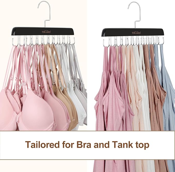 TOPIA HANGER Bra Hanger for Closet, Tank Top Hangers Space Saving Black | 20 Foldable Hooks, 360°Rotating Hooks, Easy to Install, Durable Solid Wood, Space Saving Storage for Bras, Tank Tops, Belts