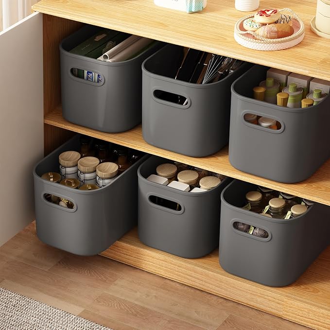 ORGIDOL 6 Pack Grey Storage Bins with Lids Stackable Storage Container for Organizing, Storage Boxes with Handle for Shelves, Cute Organizer Bins for Craft, Snacks, 9.85x6.9x5.7 inch