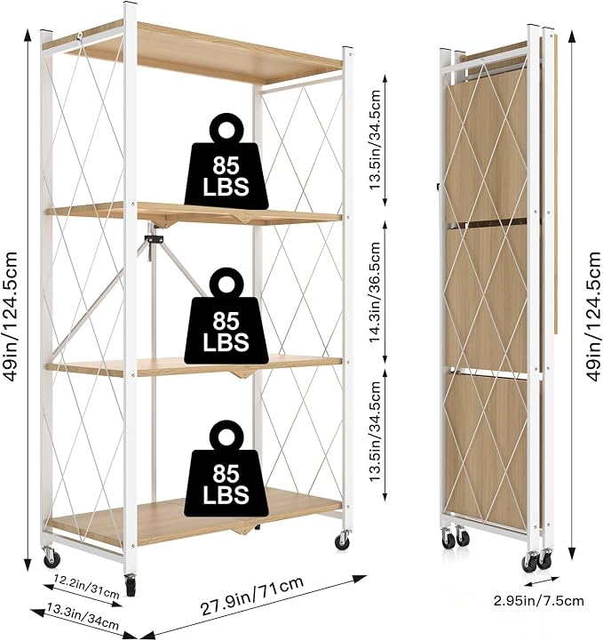 black leopard 4 Tier Folding Storage Shelves with Wheels, Foldable Bookshelf No Assembly Collapsible Shelf Heavy Duty Rolling Shelving Unit for Kitchen Bedroom Living Room (White, 27.9"x 13.3"x 49")