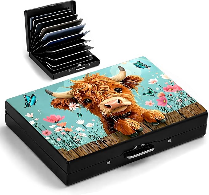 Highland Cow Metal Wallet Credit Card Protector Case Equipped RFID Blocking | with Pop-Up Button Slim Business Cards Holder Aluminum Cards Case Exclusive Butterfly and Highland Cow Gifts for Women Men