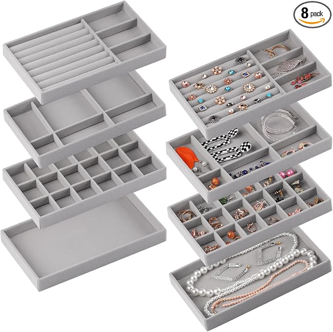 Set of 8 Velvet Jewelry Drawer Organizer Inserts, Stackable Trays with Removable Dividers, Earring and Ring Holder Display for Dresser, Storage Case for Necklace Bracelet Watch - Grey