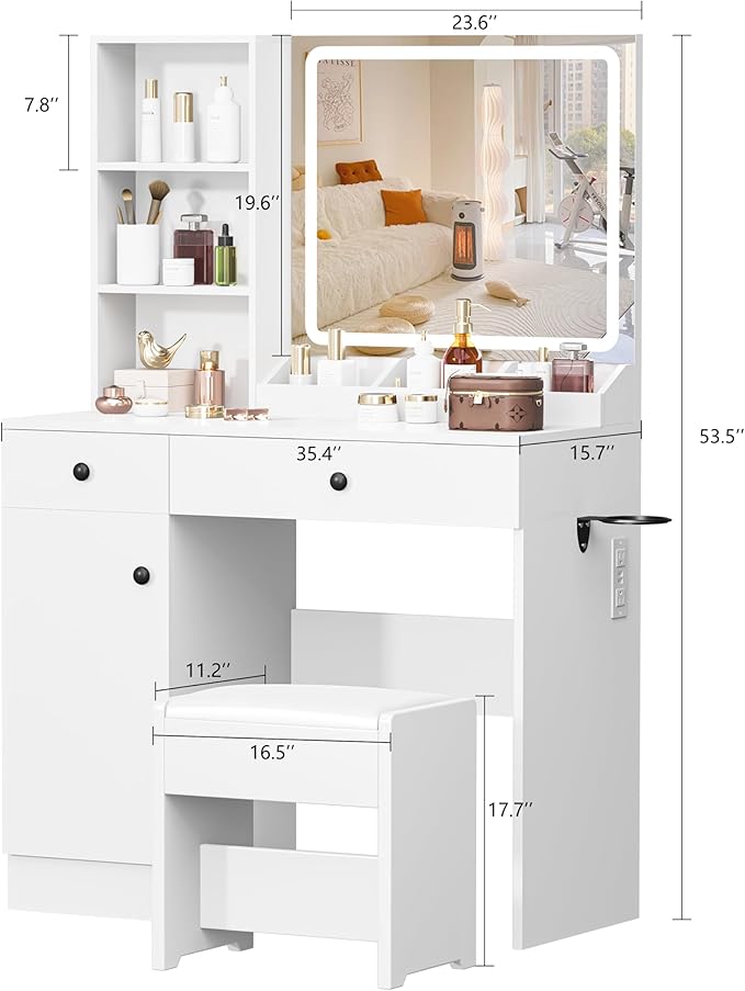 YIKEHOME Small Makeup Vanity Desk Set with Mirror, 39'' Vanity Table 3-Colour Lights with 5 Drawers & Shelves for Bedroom Dressing Room Brown