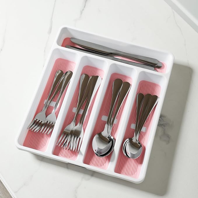 shopwithgreen Silverware Organizer with Cutlery Icons，Silverware Tray for Kitchen Drawer，Plastic Flatware Drawer Organizer Utensil Organizer with Non-slip TPR Linings，5-Compartment Silverware Caddy