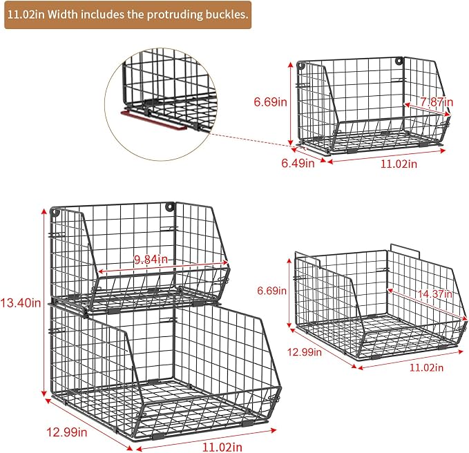 2-Tier Potato and Onion Storage Bin, Stackable Wire Baskets for Countertop | Large Fruit and Vegetable Storage, Wall-Mount Kitchen Pantry Organizer with Ventilated Mesh to Keep Produce Fresh for Cabinet