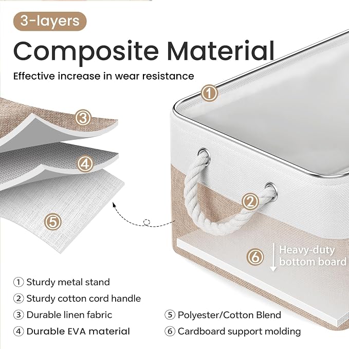 Large Storage Baskets- 15.7x11.8x8.26 inch Storage Bins for Shelves and Closet Organizing, Foldable Fabric Bin for Home Organization Clothes and Laundry (6-Pack, White&Khaki)