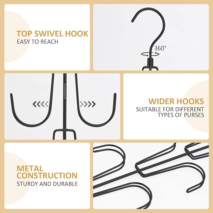 ZEDODIER 2 Pack Purse Organizer for Closet, Rotatable Purse Hanger Bag Holder, Max 16 Storage Capacity Backpack Rack, Metal Space Saving Hanger, Black