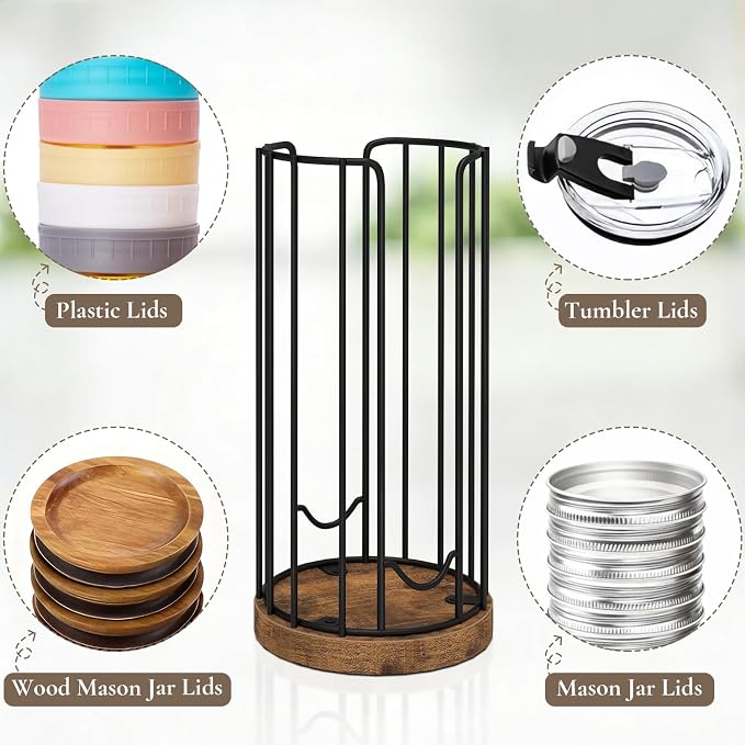 Mason Jar Lid Organizer, Metal & Wood Jar Lid Storage Holder | Rustic Canning Lid Organizer, Vertical Metal Wire Jar Lid Holder Caddy for Mason Jar Lids, Canning Lids and Rings, 2 Pack
