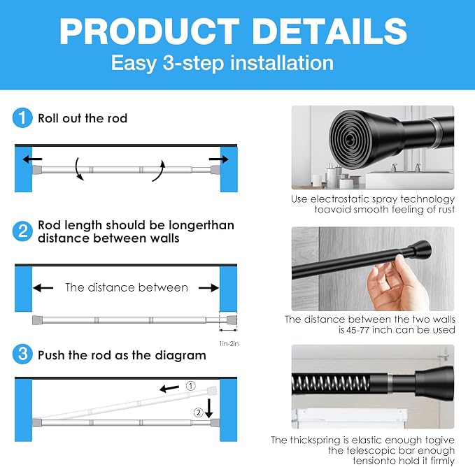 1 Pack Spring Tension Rods 45-77IN, 7/8 Inch Diameter Black No Drill Spring Loaded Adjustable Extendable, Small Short Tension Curtain Rod for Windows Kitchen Doorway Closet Cupboard