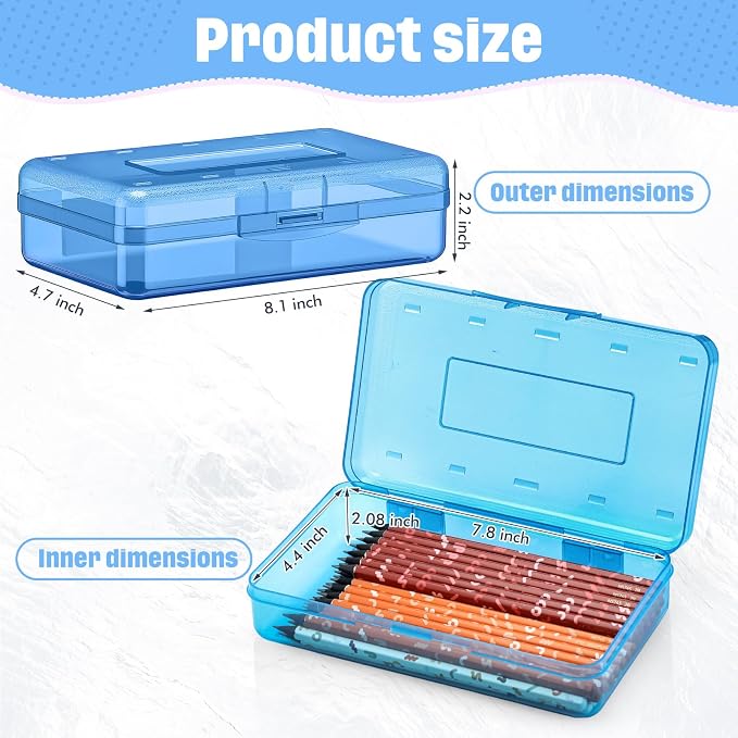 Blulu 6 Pack Large Plastic Pencil Case Box Clear Pencil Boxes Bulk Hard Crayon Box Storage with Snap Lids 8.1 x 4.7 x 2.2 Inch Painting Organizer Classroom Stationery School Supplies (Blue)