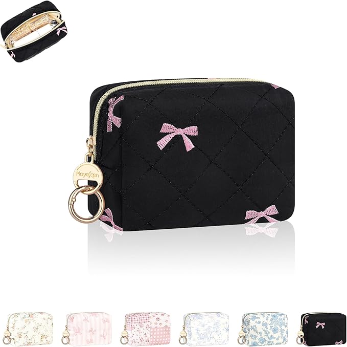 Quilted Mini Makeup Bag, Cute Small Cosmetic Bag for Purse, B-Bow | Floral Travel Makeup Pouch, Make Up Pouch for Women, Purse Organizer Pouches for Travel/ Gym/ Daily Use, Perfect Gifts