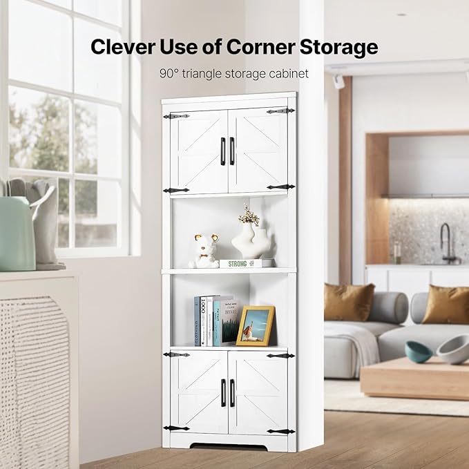 VEVOR 68" Tall Corner Storage Cabinet, 6 Tiers Farmhouse Storage Cabinet with 4 Wooden Doors & Adjustable Shelves, Freestanding Corner Kitchen Cabinet for Living Room, Kitchen, Laundry Room, White