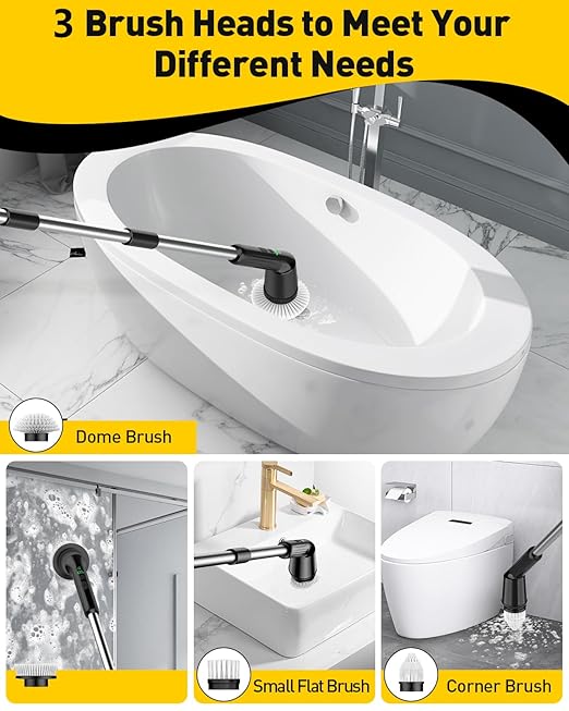 Electric Spin Scrubber for Cleaning Bathroom, Shower Scrubber with IPX7 Waterproof & 2 Speed, 3 Brush Heads, Abrasive Flat End Brushes, Bathroom Cleaning Supplies for Toilet Shower Tub Black