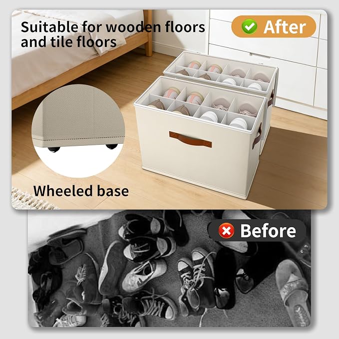 2 Pack Shoe storage Organizer for closet with wheels,No Assemble Required Shoe boxes with premium waterproof material，Adjustable Dividers Fits 16 Pairs,shoe Storage Bins with Reinforced Handle