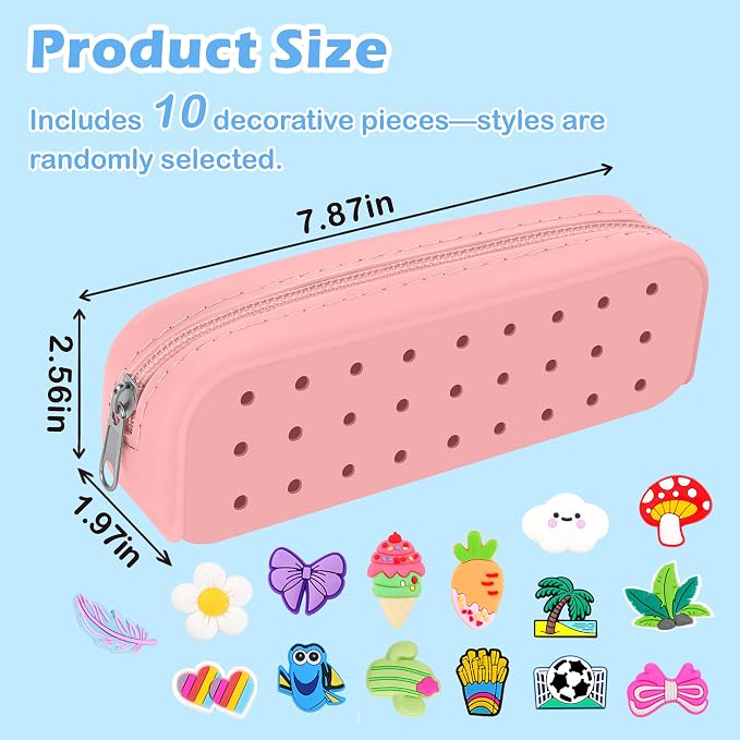 BestStone Silicone Small Pencil Pouch – Small Pencil Case with DIY Holes and 10 Decorative Charms, Multipurpose Makeup Bag or Stationery Organizer, Large Capacity(Light Pink)