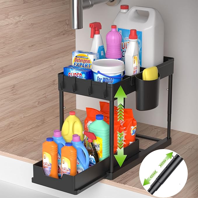 Under Sink Organizers and Storage, 2 Tier Black Bathroom Cabinet Organizer with 4-Height Adjustable Telescopic Tube,4 Removable Dividers,4 Hooks,1 Cup, Kitchen Under Sink Organizer,1 Pack