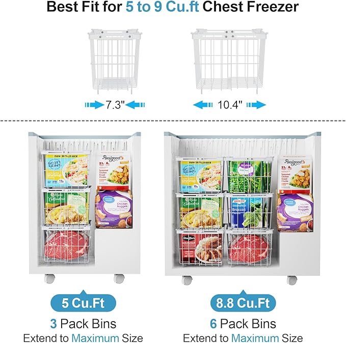 iSPECLE Freezer Organizer Bins - 5 Pack Adjustable Width for 5 to 7 Cu.Ft Chest Freezers, Stackable Wire Storage Baskets, Assembly Required, White