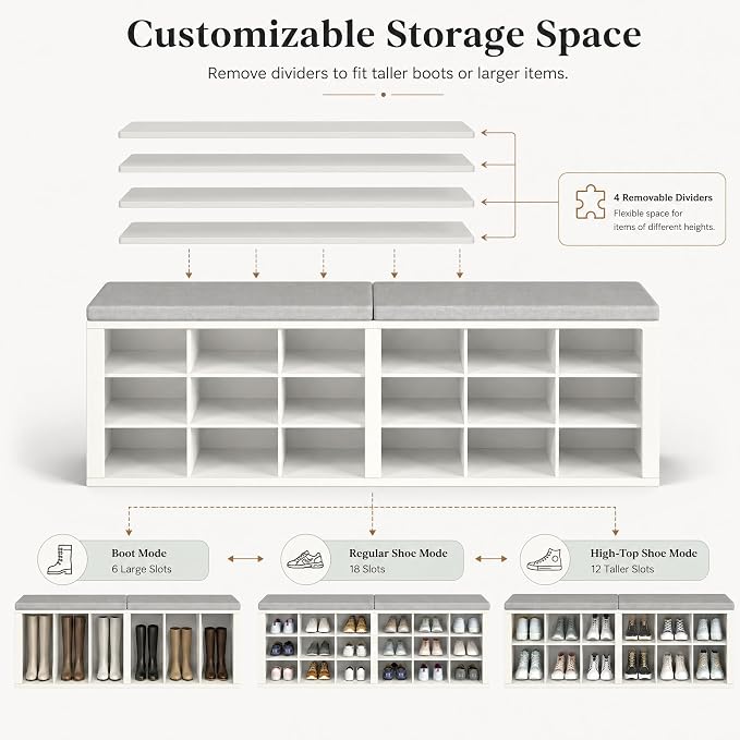 Shoe Storage Bench with Padded Seat, 18-Cubby Shoe Organizer for Entryway, 59.1" Long 700 lb Capacity, for Living Room, Bedroom, Hallway (Whiteboard with Light Gray, Linen, Sponge)