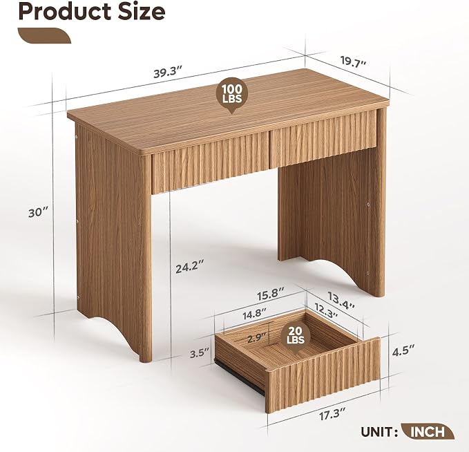 Bestier 40-Inch Fluted Wood Computer Desk with 2 Silent Drawers, Light Wood | Vertical Fluted, 2 Storage Drawers Silent Damping, 40x20 in, 30in Ergonomic, Scratch-Resistant Melamine, Non-Slip Pads