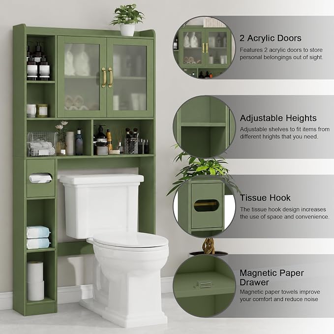 Vabches Over The Toilet Storage Cabinet, Farmhouse Storage Cabinet Over Toilet with Acrylic Doors，Home Space-Saving Toilet Rack, for Bathroom, Restroom, Laundry, Green