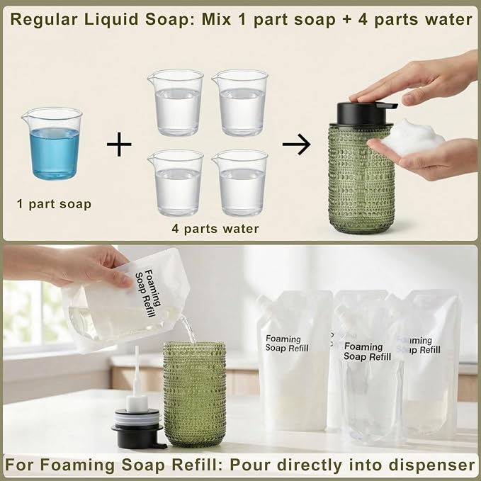 Green Glass Foaming Soap Dispenser, 2 Pack Vintage Foam Hand Soap Dispenser, 14 OZ Hobnail Texture Foam Dispenser with Black Pump for Bathroom, Kitchen, Refillable, Nordic Modern Farmhouse Decor ﻿