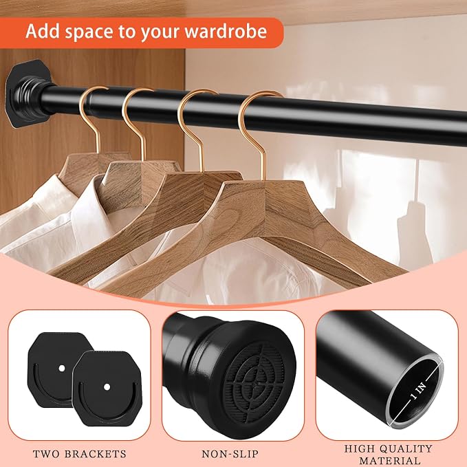No Drilling Closet Rods for Hanging Clothes, Adjustable 30-88 in | Black, Metal, Heavy Duty, Space Saving, Suitable for Wardrobes, Laundry, RV