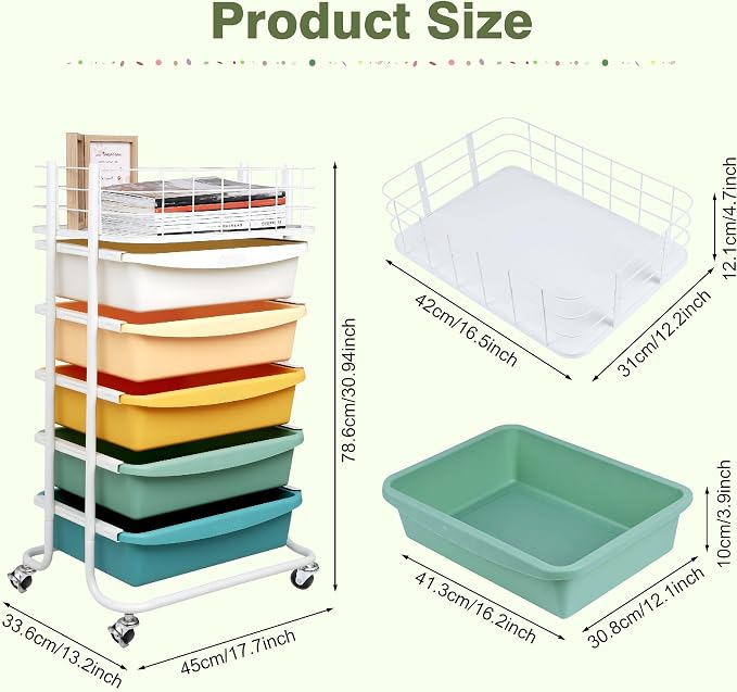 Rolling Storage Utility Cart Organizers with 5 Drawers and Metal Tabletop | 6-Tier Storage Craft Carts with Colorful Drawers and Wheels for Office, Bathroom, Bedroom, and Classroom Organization