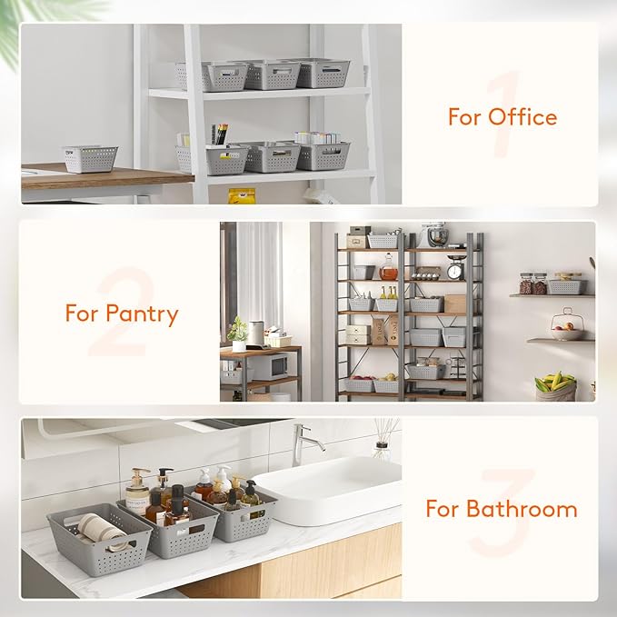 Lifewit Plastic Storage Basket for Organizing, 14 Pack Stackable Open Containers, Multi Size Storage Bins for Shelving, Pantry, Office and Cabinet, 10 Large and 4 Small Size, Gray
