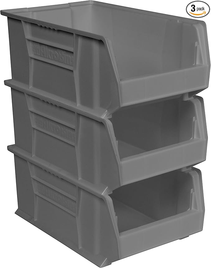 Akro-Mils 30281 Super-Size AkroBins Plastic Storage Bins, Space-Saving Stackable Bins for Garage, Classroom, Warehouse Organization, 20" L x 12" W x 8" H, Grey, 3-Pack