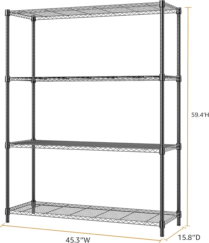 M MZG 1400 lbs 4 Tier Storage Rack Metal Wire Shelving Unit, Storage Standing Household Shelf Organizer for Kitchen Pantry Closet Garage Basement Utility Room, Black 15.8" D x 45.3" W x 59.4" H