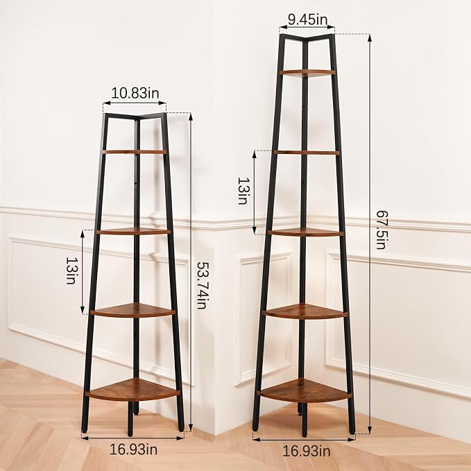 Yoobure 5‑Tier Corner Shelf – Sturdy Metal Frame & Wood Ladder Bookshelf, Space‑Saving Display Shelves for Plants & Books, Easy Assembly, for Bedroom, Living Room, Office, Balcony