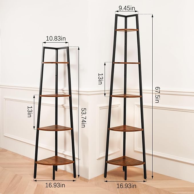 Yoobure 4‑Tier Corner Shelf – Sturdy Metal Frame & Wood Ladder Bookshelf, Space‑Saving Display Shelves for Plants & Books, Easy Assembly, for Bedroom, Living Room, Office, Balcony