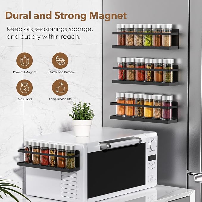 VANPET Magnetic Spice Rack for Refrigerator, Magnetic Fridge Shelf for Kitchen Spice Organizer, Spice Rack Wall Mount, Fridge Organizers and Storage (4, Black)