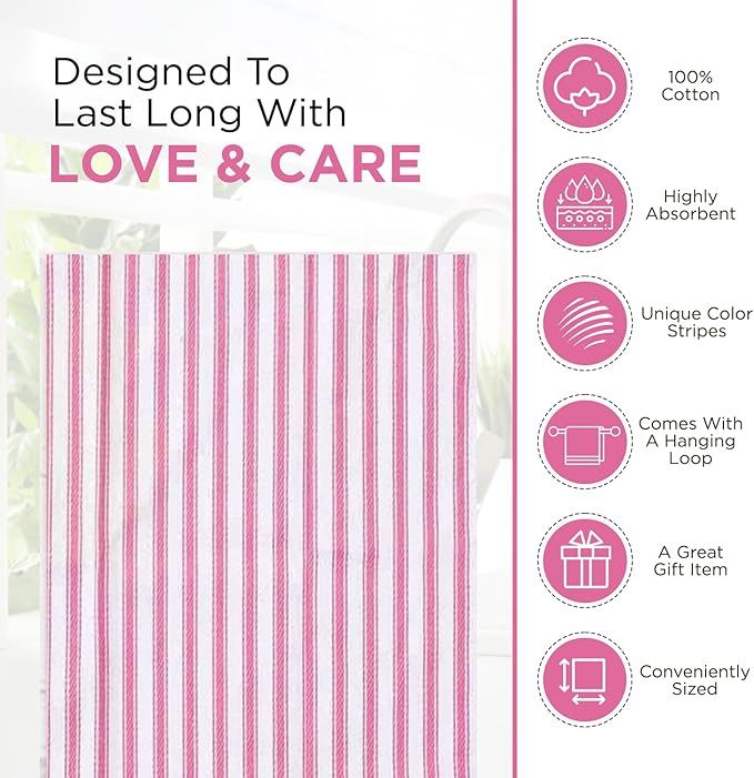 Stripe Kitchen Towels With Hanging Loop - Boho Absorbent Dish Towels Set of 3 - Festive Gift 18x28 Inch Reusable Pantry Decor - Trendy Spring French Pink