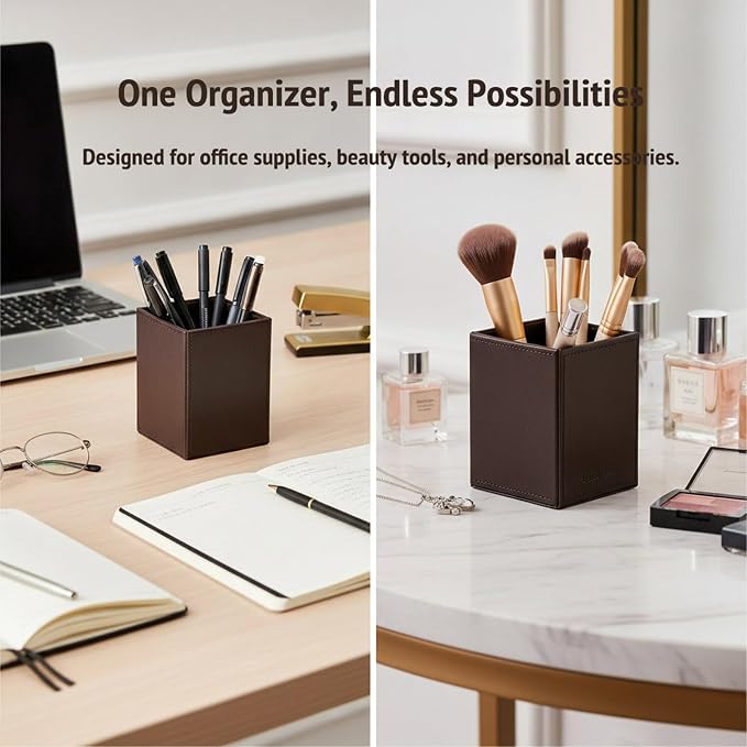 UnionBasic Square Pen Holder, Leather Pencil Cup, Desktop Caddy Stationery Organizer (Coffee)