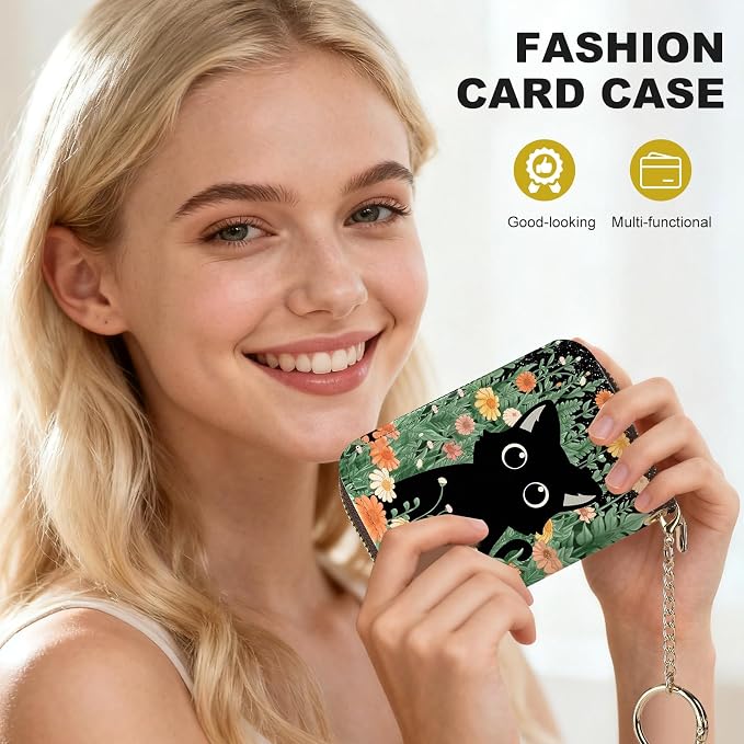 Credit Card Holder for Women,Small Rfid Wallet with Keychain Zipper,Cute PU Leather Card Case Wallet，Accordion Credit Card Wallets Gift,Yellow Flowers and Black Cats