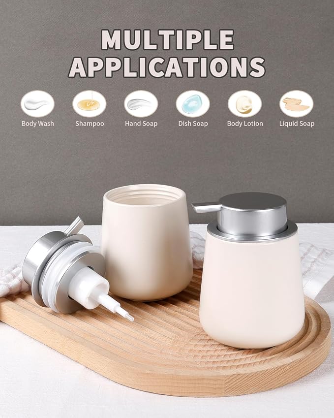 Bosilunlife 12Oz Ceramic Foam Soap Dispenser for Bathroom Kitchen Counter | Premium countertop foam pump creates delicate dense foam, stable desktop placement,Beige with Silver