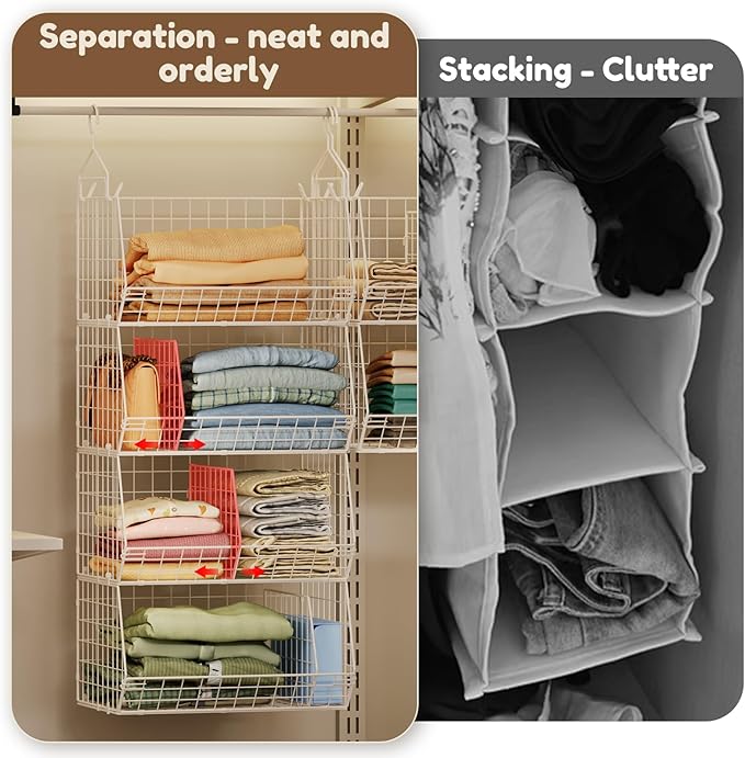 Jautokerdar 4 Tier Extra Large Hanging Closet Organizer,Closet Organizer Hanging with 5 S Hooks 4 Dividers,Clothes Organizer Clothing Sweaters Clutches Handbags Hats Accessories-White
