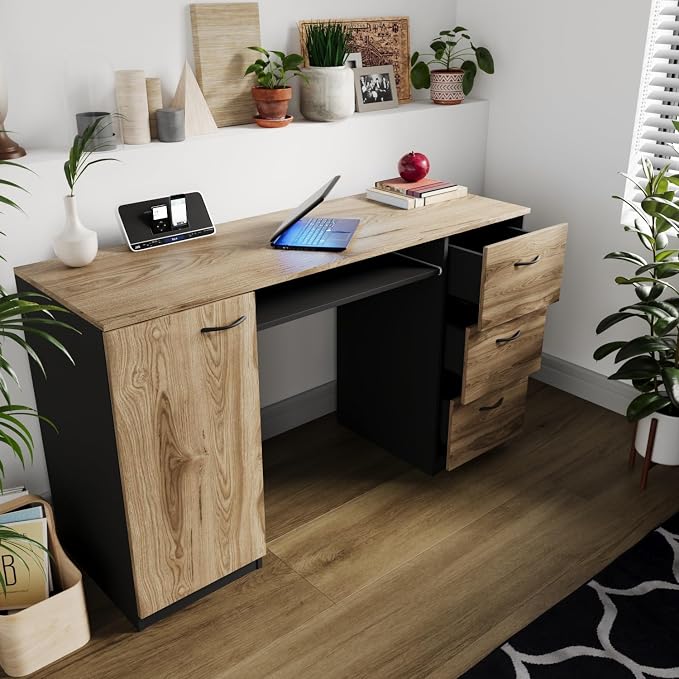 Modern Computer Desk with 3 Drawers & Storage Cabinet – Small Office Desk with Slide-Out Keyboard Tray – Professional Home Office Desk & Small Work Desk for Writing (Pine & Light Gray)