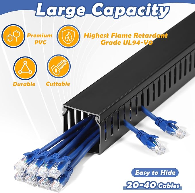 2" H x 2" W Cable Raceway, 66in Under Desk Wire Management Channel, Black | Slotted Wire Duct, 4Pack, 16.5in Each, Heavy-Duty PVC Cable Management for Server Racks, Network Cables & Electrical Cabinets