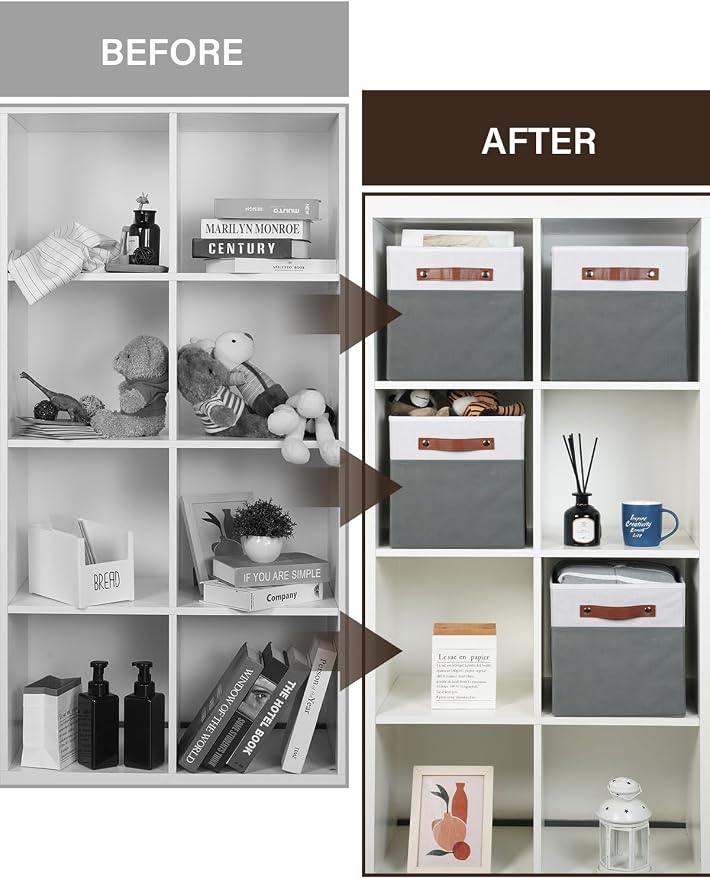 Temary 11x11 Storage Cubes Fabric Cube Storage Bins with Handles Clothes Storage Boxes Baskets for Organizing Home, Shelf, Closet (White&Grey, 11 x 11 x 11)
