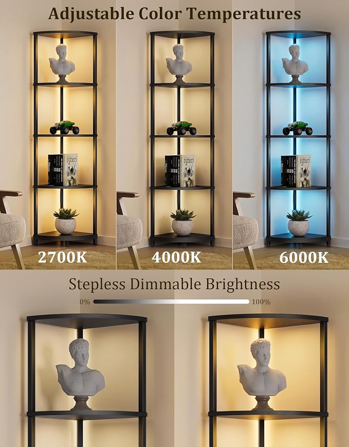 PARTPHONER Corner Shelf with LED Light, 5 Tier Smart Color Changing Floor Lamp with Remote, 62" Display Shelf Bookshelf Narrow Storage Rack Standing Lamp for Living Room Bedroom Home Office Décor